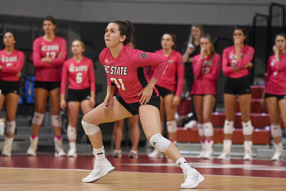 Freshman defense specialist Elaisa Villar defends in the game against Georgia Tech on Sunday; Oct. 30; 2022 in Reynolds Coliseum. Villar recorded one assist and nine digs. The Wolfpack lost to the Yellow Jackets 3-1.