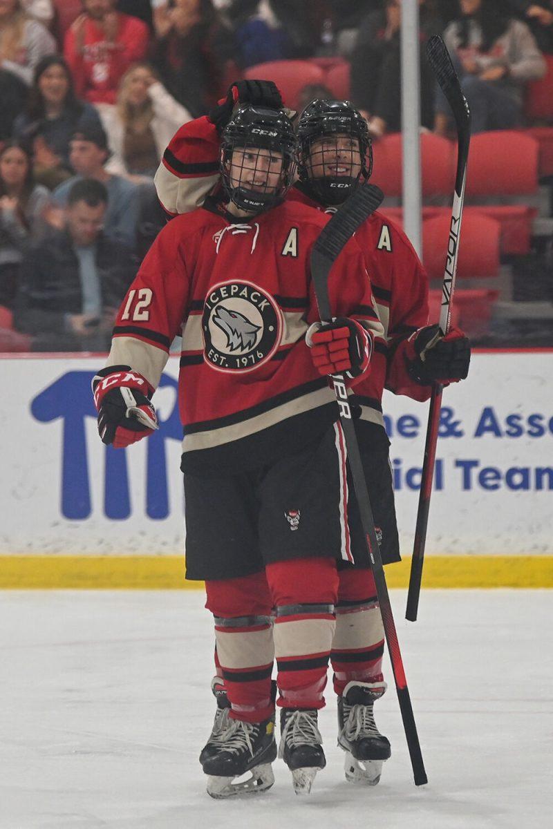 (Right) Senior forward Alex Robinson celebrates senior forward Matt Miller's goal during the game against UNC-Wilmington at Wake Competition Center on Friday, Oct. 14, 2022. Miller scored one goal. The Icepack won 4-1.