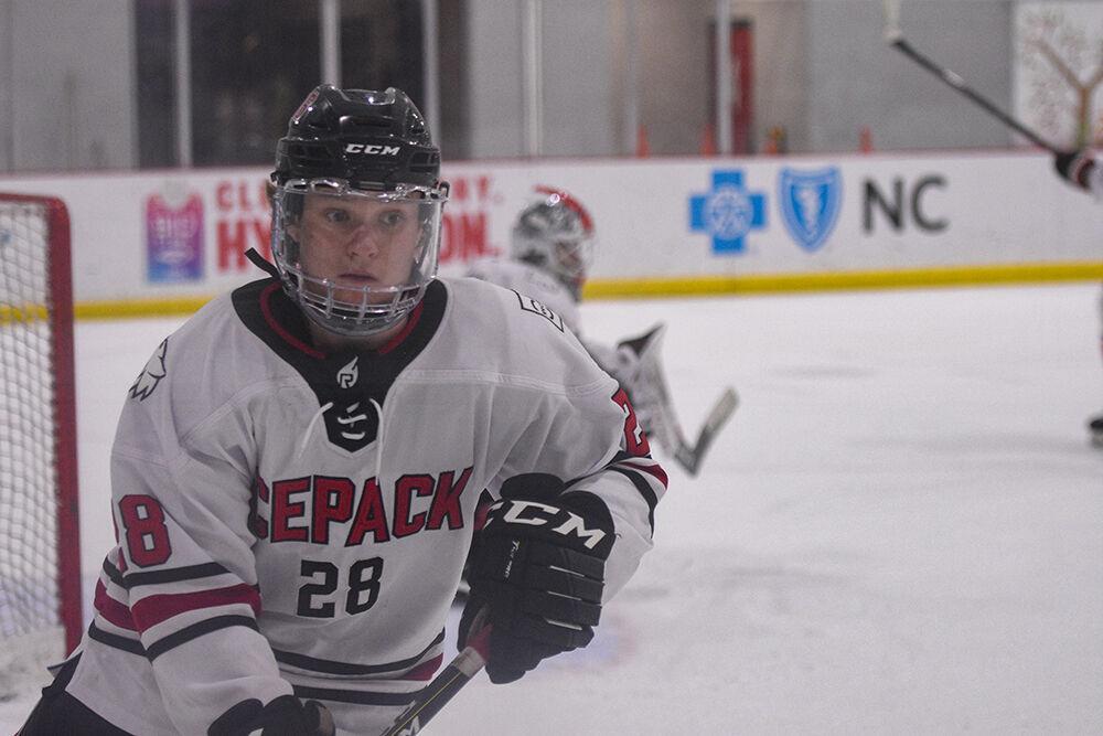Sophomore forward Logan Todd warms up before the game versus the University of Mary at Wake Competition Center on Thursday, Oct. 13, 2022. The Icepack lost to the Marauders 4-0.