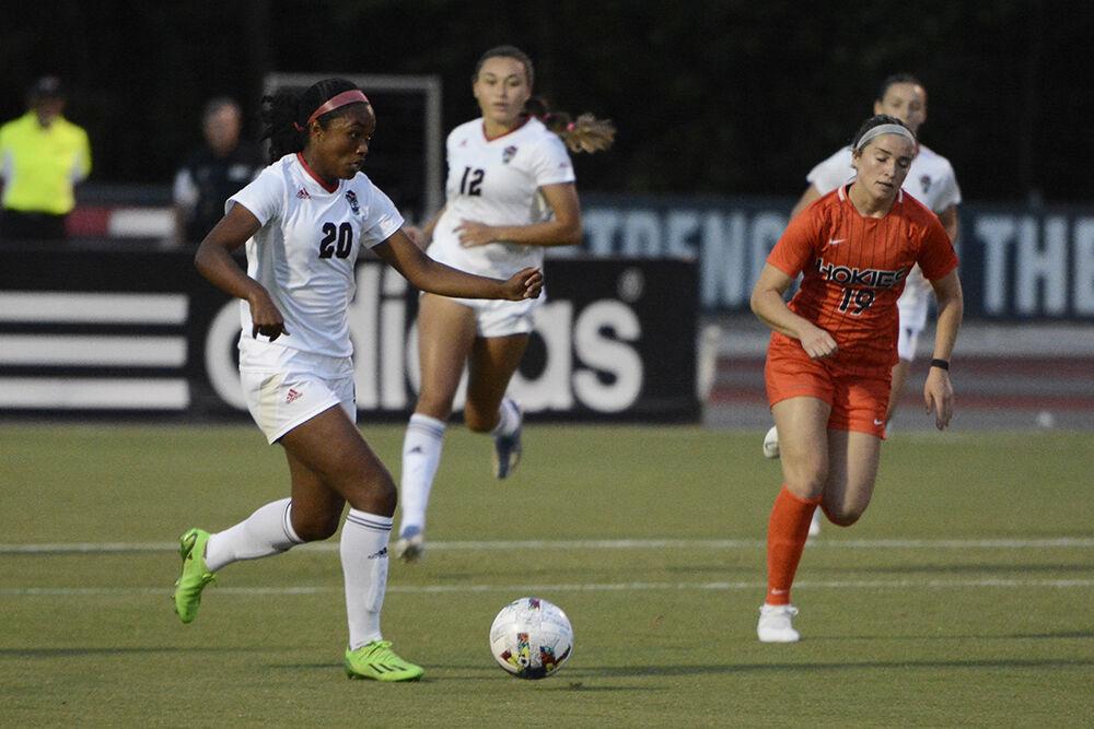 Freshman defender Brooklyn Holt dribbles the ball during the match against Virginia Tech on Thursday, Sept. 22, 2022 at Dail Soccer Field. NC State lost 1-0.