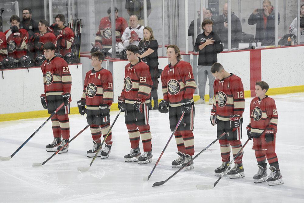 The NC State Icepack starters line up for the National Anthem before the NC State versus UNC-Chapel Hill game at Wake Competition Center on Friday, Sept. 30, 2022. NC State lost 5-3.