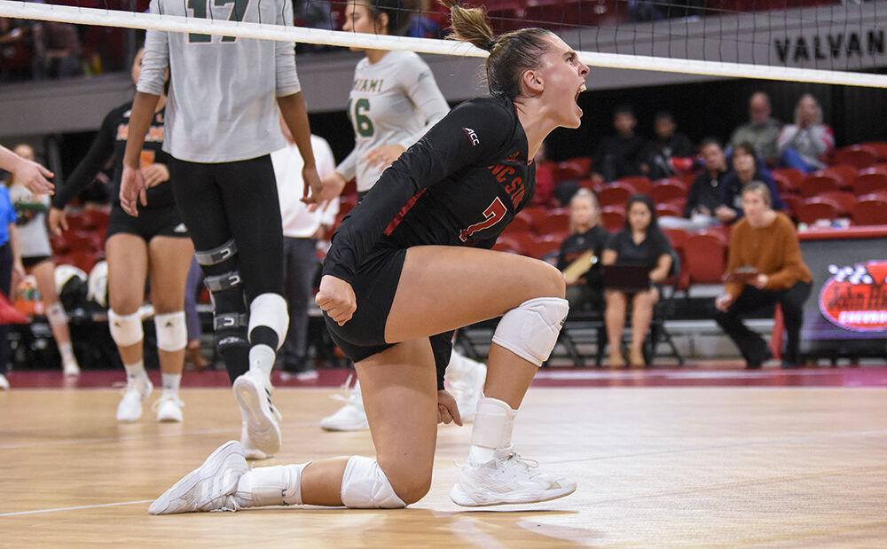 Freshman outside hitter Ava Brizard celebrates a kill during the game against the Miami Hurricanes on Sunday, Oct. 2, 2022 in Reynolds Coliseum. Brizard had 15 kills. The Wolfpack won 3-1.