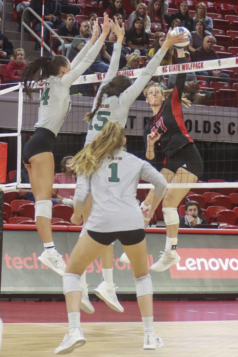 Sophomore opposite hitter Amanda Rice spikes the ball during the match against Miami on Sunday,&#160;Oct. 2, 2022 in Reynolds Coliseum. Rice had 15 kills. The NC State Wolfpack beat the Miami Hurricanes 3-1.