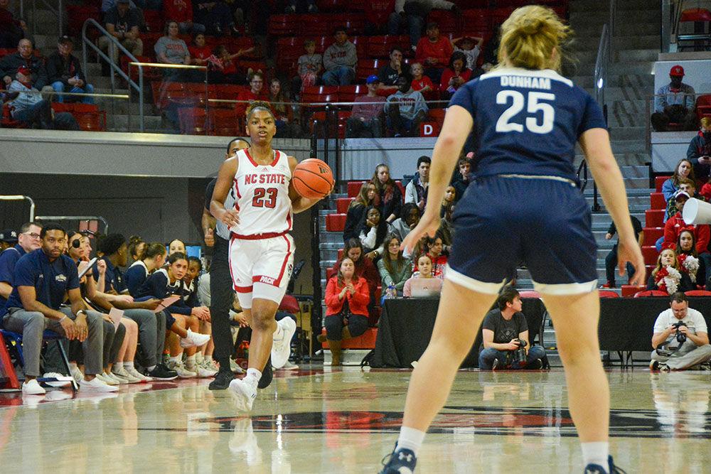 Sophmore guard Jessica Timons dribbles the ball during the game against Mount St. Mary's. Timons made three points during the game. NC State beat Mount St. Mary's 86-38.