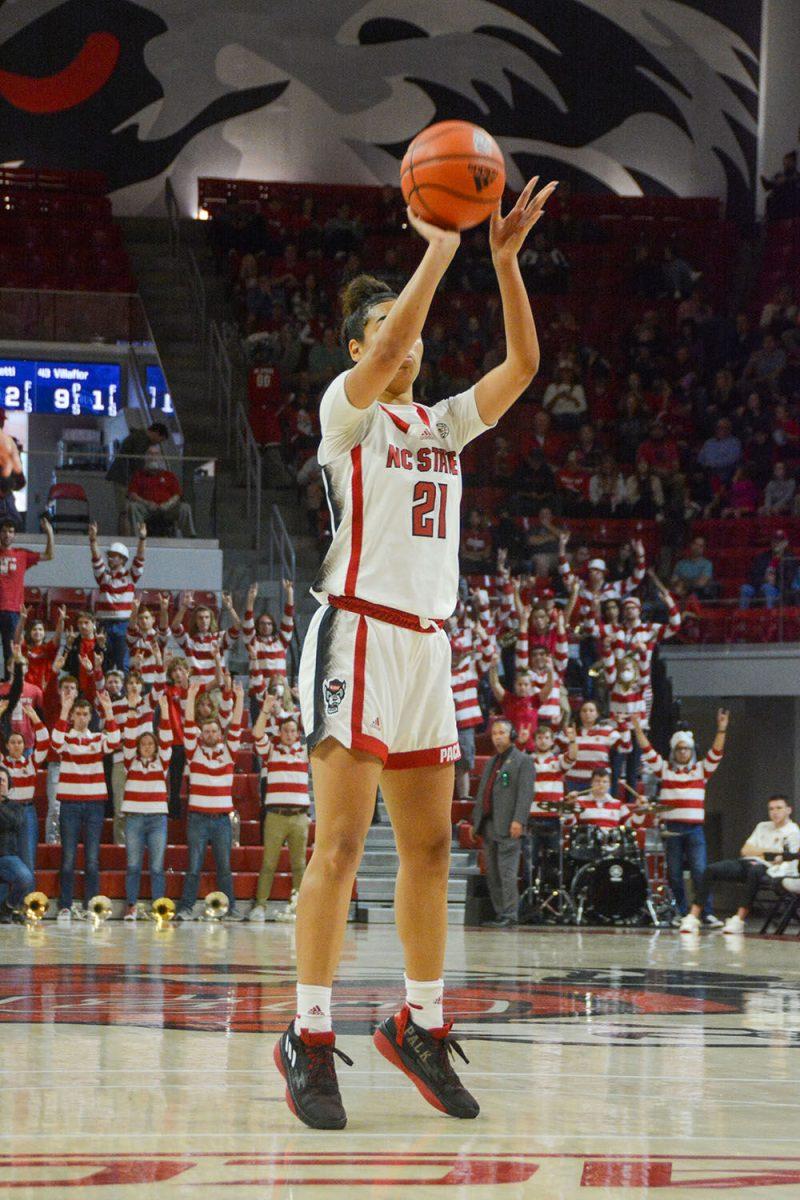 Junior guard Madison Hayes shoots the ball during the game against Mount St. Mary's on Sunday, Nov. 13, 2022 in Reynolds Coliseum. Hayes scored 11 points. NC State beat Mount St. Mary's 86-38.
