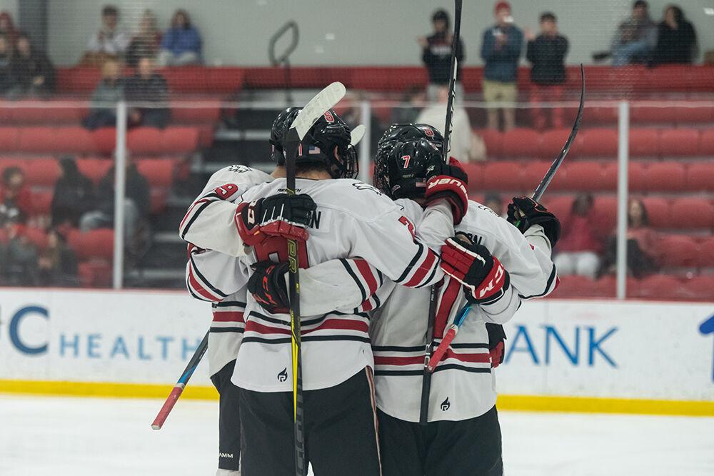 The team celebrates a goal during the game versus Cincinnati on Friday Nov. 18, 2022 at Wake Competition Center. The Icepack lost to the Bearcats 6-3.