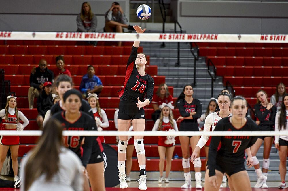 Sophomore outside hitter Martyna Leoniak serves the ball during the game against Miami on Sunday, Oct. 2, 2022 at Reynolds Coliseum. Leoniak had five kills and one ace. NC State beat Miami 3-1.