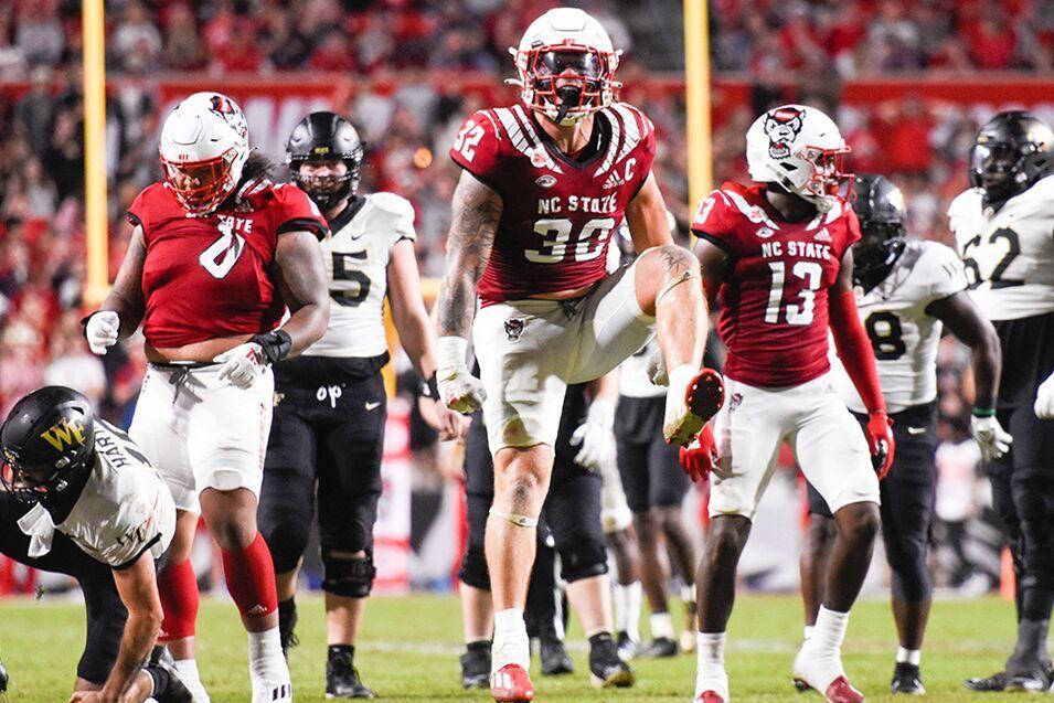 Junior linebacker Drake Thomas celebrates during the game against Wake Forest on Saturday, Nov. 5, 2022 at Carter-Finley Stadium.&#160;Thomas had three tackles during the game.&#160;The Wolfpack beat the Demon Deacons 30-21.