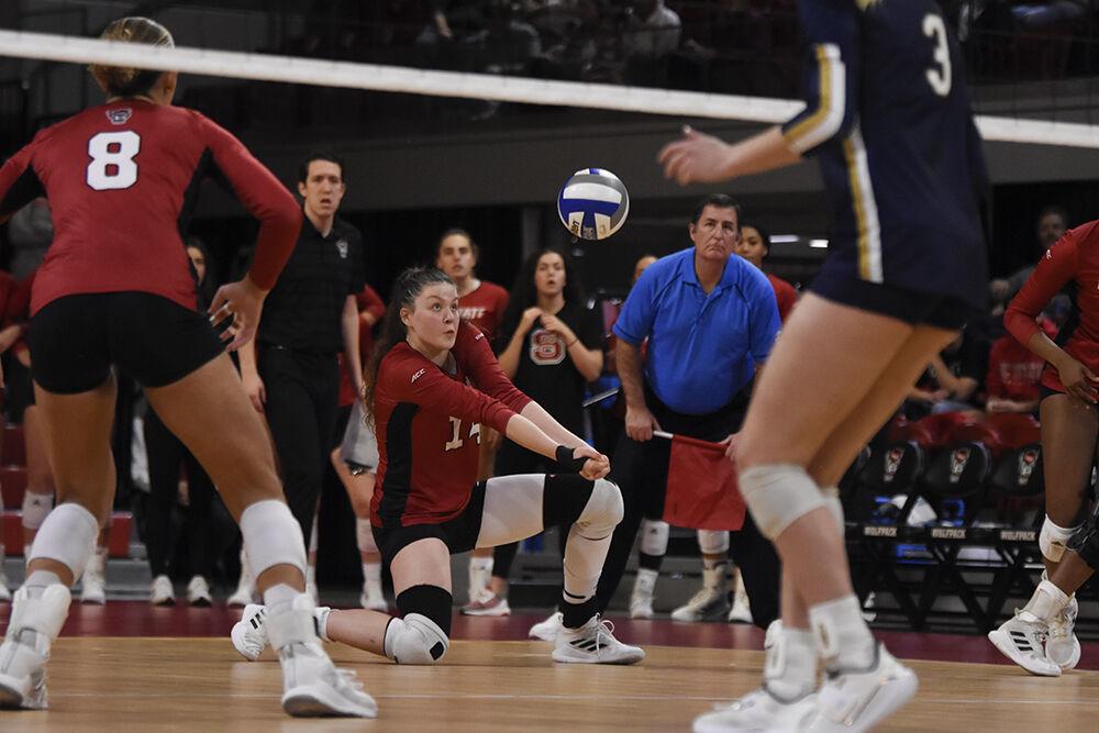 Sophomore outside hitter Martyna Leoniak passes the ball during the game against Notre Dame on Saturday, Nov. 19, 2022 in Reynolds Coliseum. Leoniak made 13 kills, 15 digs and one block for the Wolfpack. NC State beat Notre Dame 3-0.
