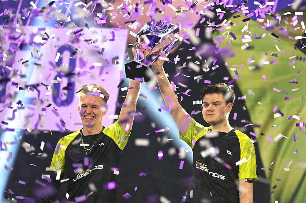 Members of the Nordic Fortnite team, Become Legends, Settyz 8 and Kami celebrate winning the Fortnite Champion Series Invitational Competition on Sunday, Nov. 13, 2022 in the Raleigh Convention Center. For winning the FCNS, Settyz 8 and Kami won $200,000.