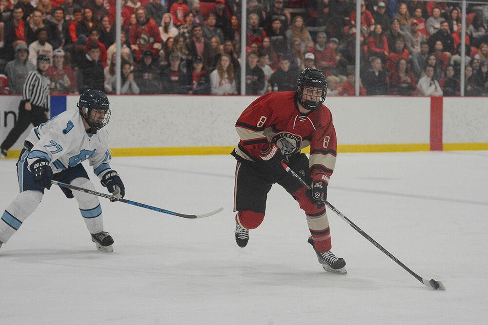 Freshman forward Zachary Herman takes the puck up the ice during the Icepack's home game against the UNC-Chapel Hill Tar Heels on Friday, Sept. 30, 2022 at Wake Competition Center. The Icepack lost to the Tar Heels 5-3.