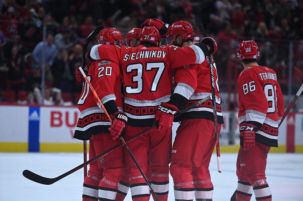 Carolina leftwing Andrei Svechnikov celebrates with the team after a goal during the Hurricanes' home game against the Edmonton Oilers on Thursday, Nov. 10, 2022 in PNC Arena. Svechnikov scored a hattrick that brought him to 100 career goals as the Hurricanes beat the Oilers 7-2.