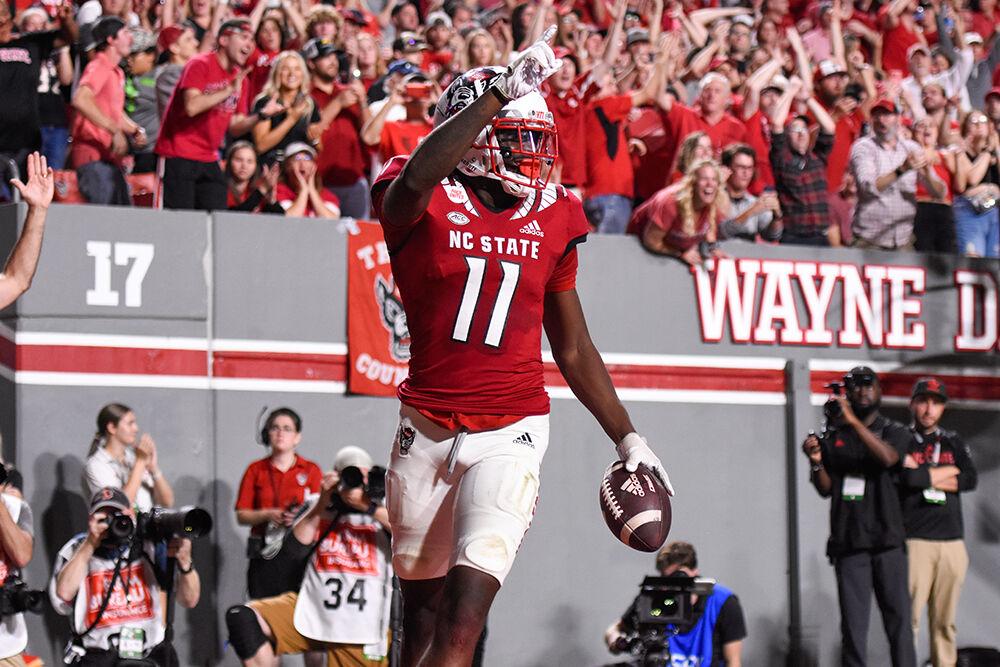 Graduate wide receiver Darryl Jones celebrates touchdown during the game against Wake Forest at Carter-Finley Stadium on Saturday, Nov. 5, 2022. Jones scored two touchdowns. The Wolfpack beat the Demon Deacons 30-21.