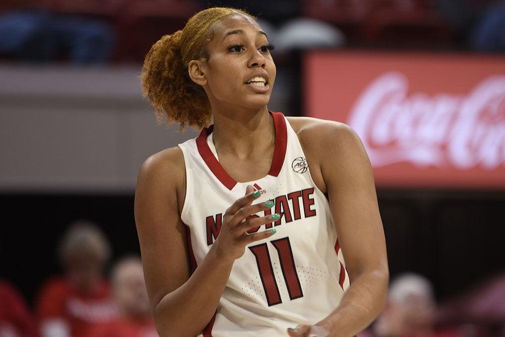 Senior wing Jakia Brown-Turner passes the ball during the game against Mount St. Mary's at Reynolds Coliseum on Sunday, Nov. 13, 2022. Brown-Turner scored six points and assisted four. NC State beat Mount St. Mary's 86-38.