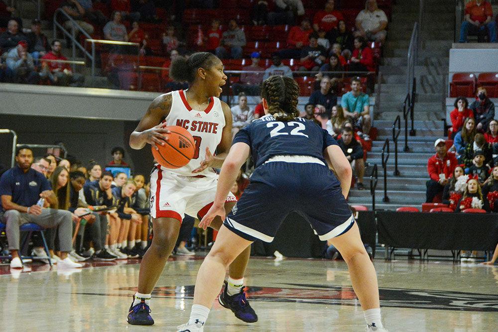 Junior guard Diamond Johnson looks for an open shot during the game against Mount St. Mary's on Sunday, Nov. 13, 2022 in Reynolds Coliseum. Johnson had 13 points during the game. NC State beat Mount St. Mary's 86-38.