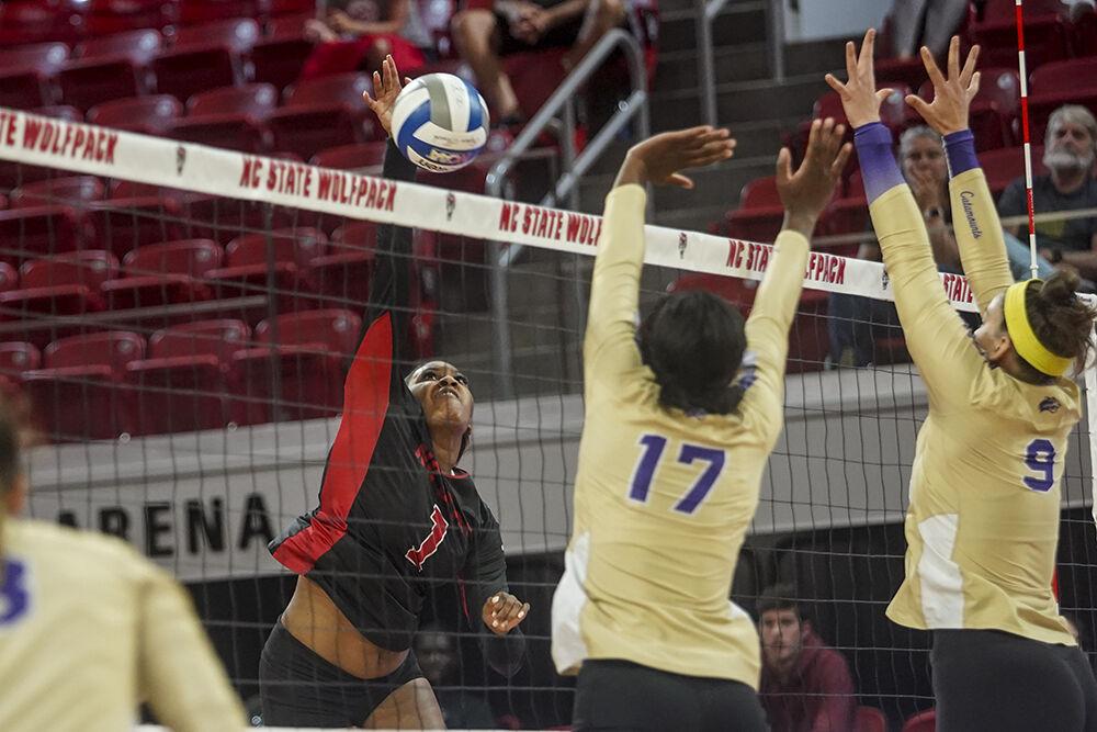 Redshirt sophomore outside hitter Madison Williams spikes the ball against Western Carolina University on Friday, Sept. 9, 2022 at Reynolds Coliseum. Williams had two kills in the 3-0 loss to Western Carolina University.