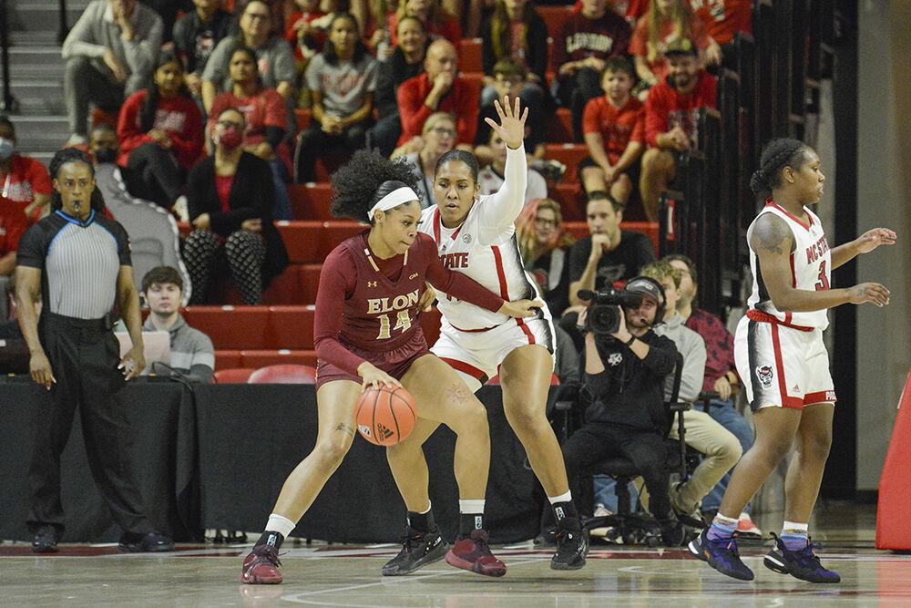 Senior center Camille Hobby defends during the game against Elon at Reynolds Coliseum on Thursday, Nov. 10, 2022. Hobby had 16 points and three rebounds for the Wolfpack. NC State beat Elon 89-55.