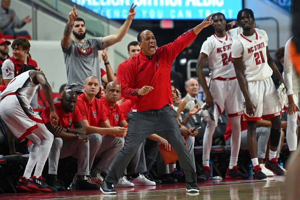 Head coach Kevin Keatts yells during the game against Miami in PNC Arena on Saturday, Jan. 14, 2023. The Wolfpack beat the Hurricanes 83-81&#160;in overtime.