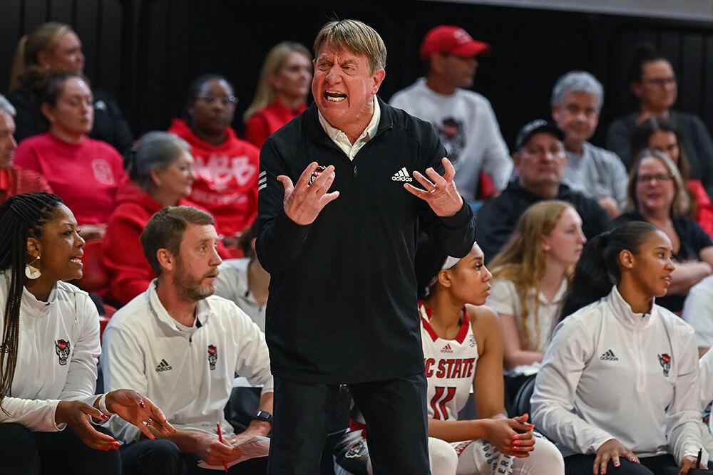 Head coach Wes Moore yells during the game against Boston College in Reynolds Coliseum on Thursday, Jan. 5, 2023. The Wolfpack lost 79-71 to the Eagles.