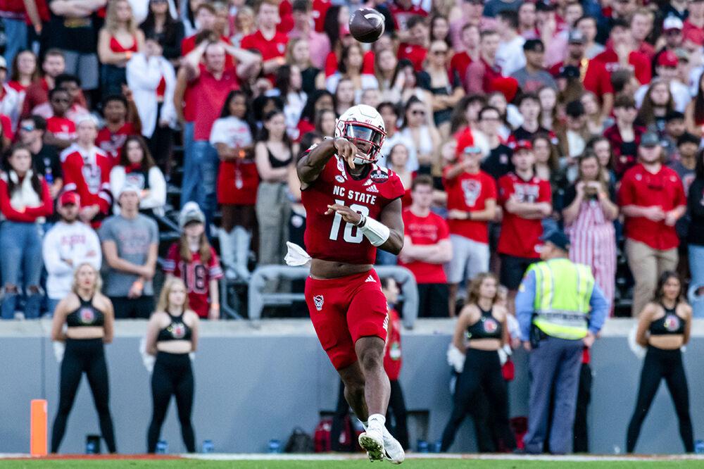Freshman quarterback MJ Morris throws a pass during the game against Boston College on Saturday, Nov. 12, 2022 at Carter-Finley Stadium. Morris scored a touchdown and passed for 135 yards. NC State lost to Boston College 21-20.