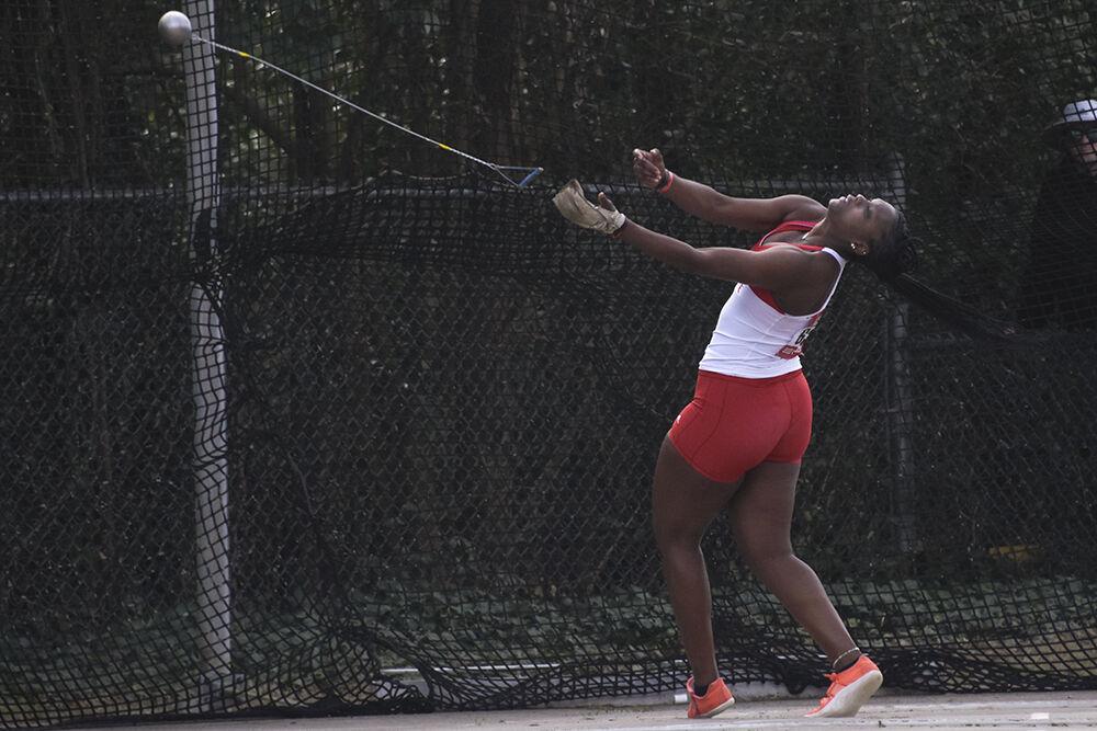 Sophomore Mahkayla Hart releases the hammer at the Raleigh Relays meet at Paul Derr Track Facility on Saturday, March 26, 2022.