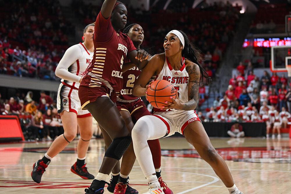 Senior forward Jada Boyd drives to the basket during the game against Boston College in Reynolds Coliseum on Thursday, Jan. 5, 2023. Boyd led in scoring with 20 points and made six rebounds. NC State lost 79-71 to Boston College.
