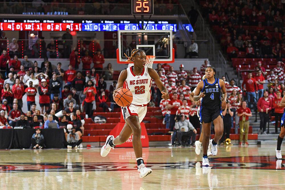 Sophomore guard Saniya Rivers sprints down the court during the game against Duke in Reynolds Coliseum on Thursday, Dec. 29, 2022. Rivers led the team in rebounds and points scored, making seven rebounds and scoring 17 points for the Wolfpack. NC State suffered a loss to Duke 72-58.