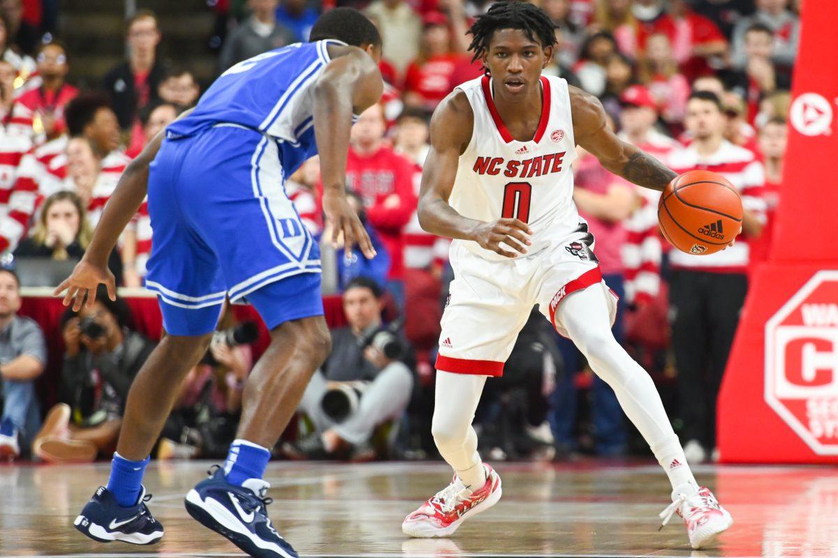 Sophomore guard Terquavion Smith dribbles the ball during the game against Duke in PNC Arena on Wednesday, Jan. 4, 2023. The Wolfpack won 84-60.