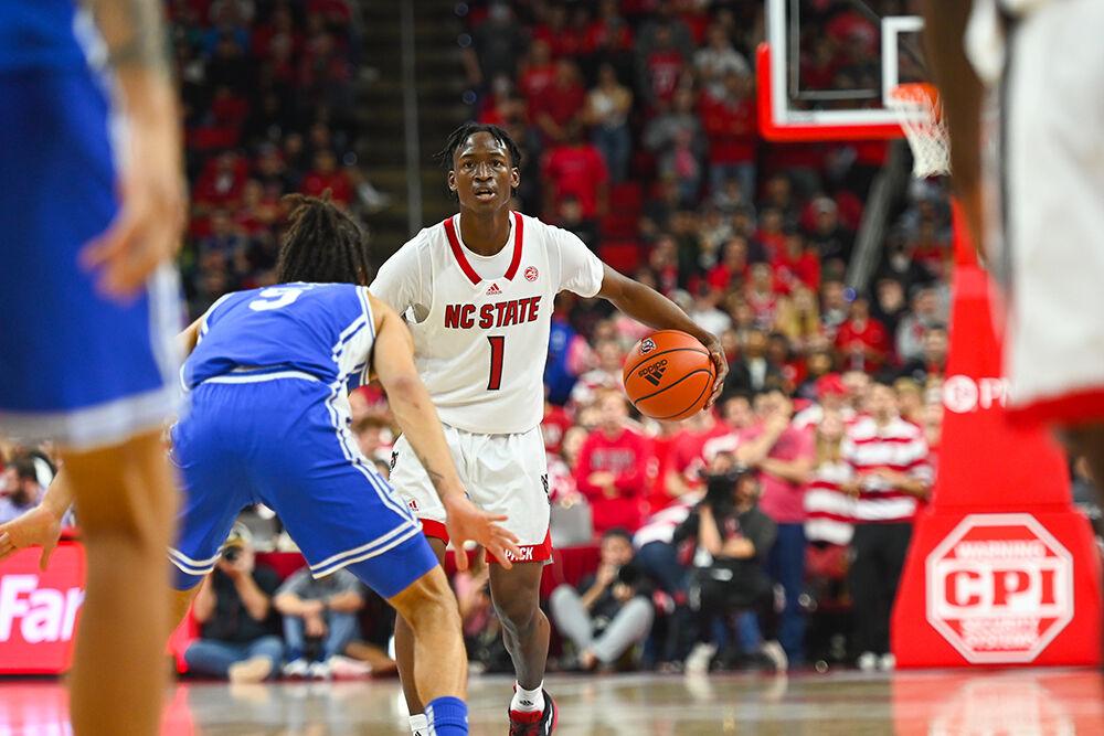 Graduate guard Jarkel Joiner dribbles the ball during the game against Duke in PNC Arena on Wednesday, Jan. 4, 2023. The Wolfpack won 84-60.