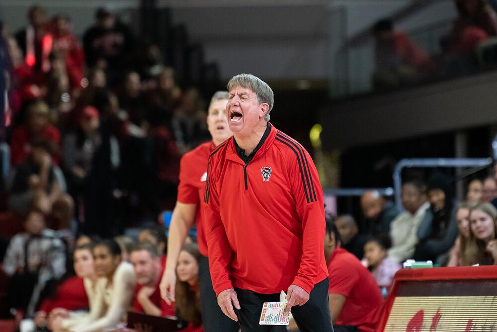 Head coach Wes Moore yells to the team during the game versus Notre Dame at Reynolds Coliseum on Sunday, Jan. 29, 2023. The Wolfpack beat the Fighting Irish 65-69.