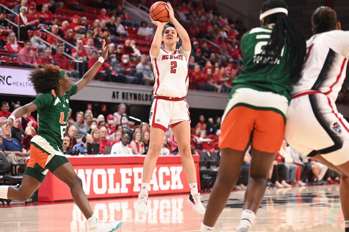 Graduate forward Mimi Collins shoots at the goal versus Miami in Reynolds Coliseum on Thursday, Jan. 19, 2023. Collins scored 11 points in the game against Miami. NC State won 71-61.