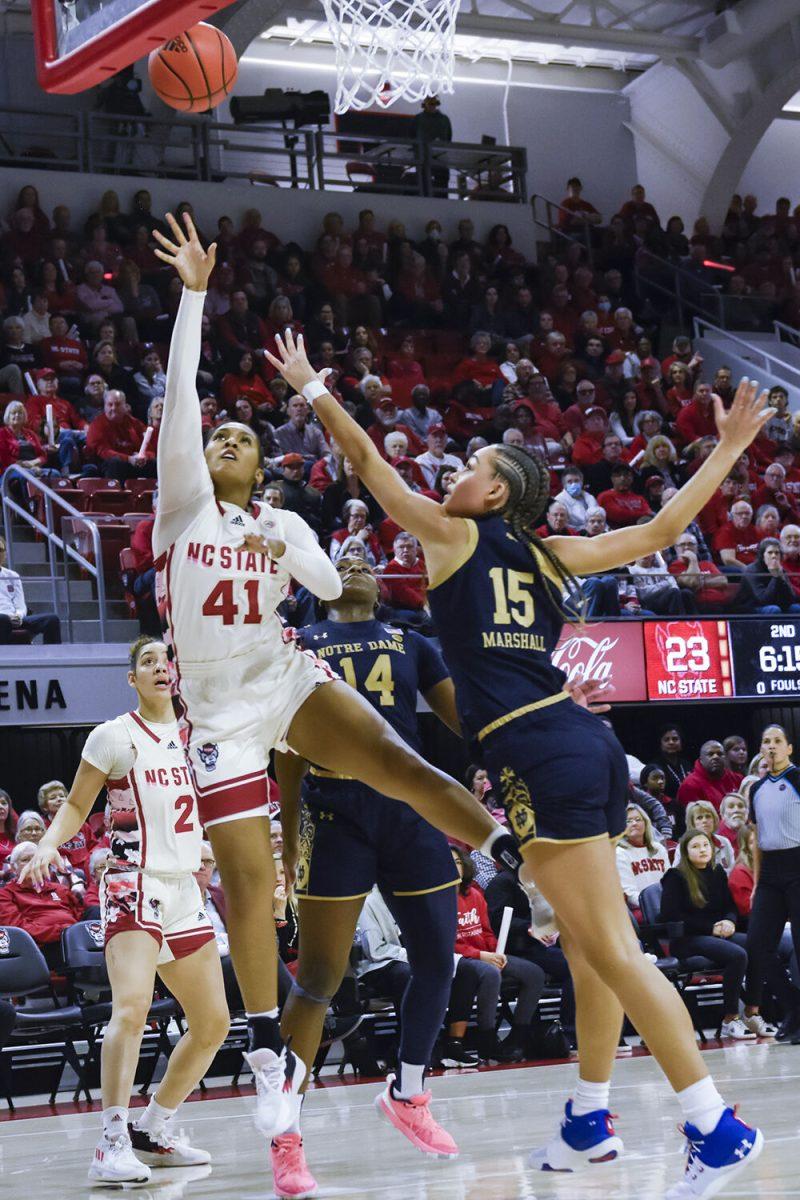 Senior center Camille Hobby shoots the ball during the game versus Notre Dame at Reynolds Coliseum on Sunday, Jan. 29, 2023. Hobby made two field goals and four free throws. The Wolfpack beat the Fighting Irish 65-69.