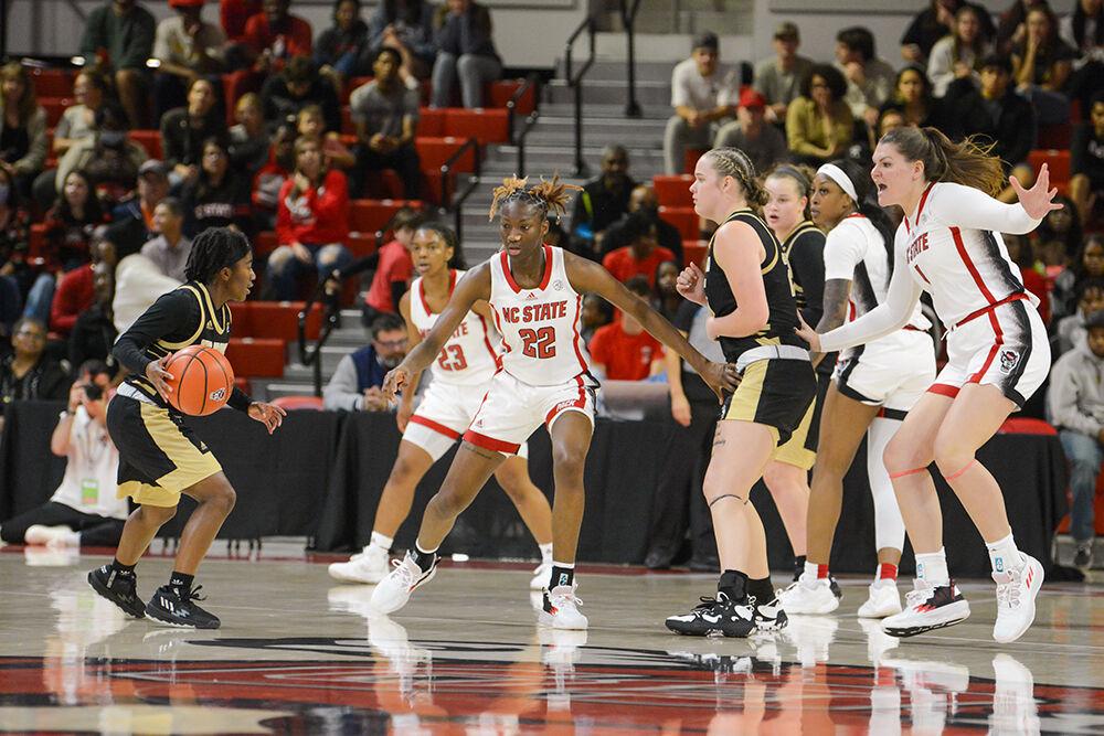 Sophomore point guard Saniya Rivers guards the ball at the game against UNC-Pembroke on Thursday, Nov. 3, 2022 inside Reynolds Coliseum. Rivers made five rebounds. The Wolfpack defeated the Braves 81-22.