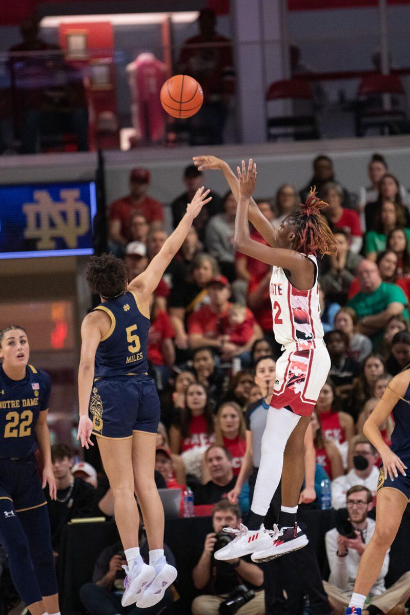 Sophomore guard Saniya Rivers shoots during the game versus Notre Dame at Reynolds Coliseum on Sunday, Jan. 29, 2023. Rivers made three field goals and six rebounds. The Wolfpack beat the Fighting Irish 65-69.