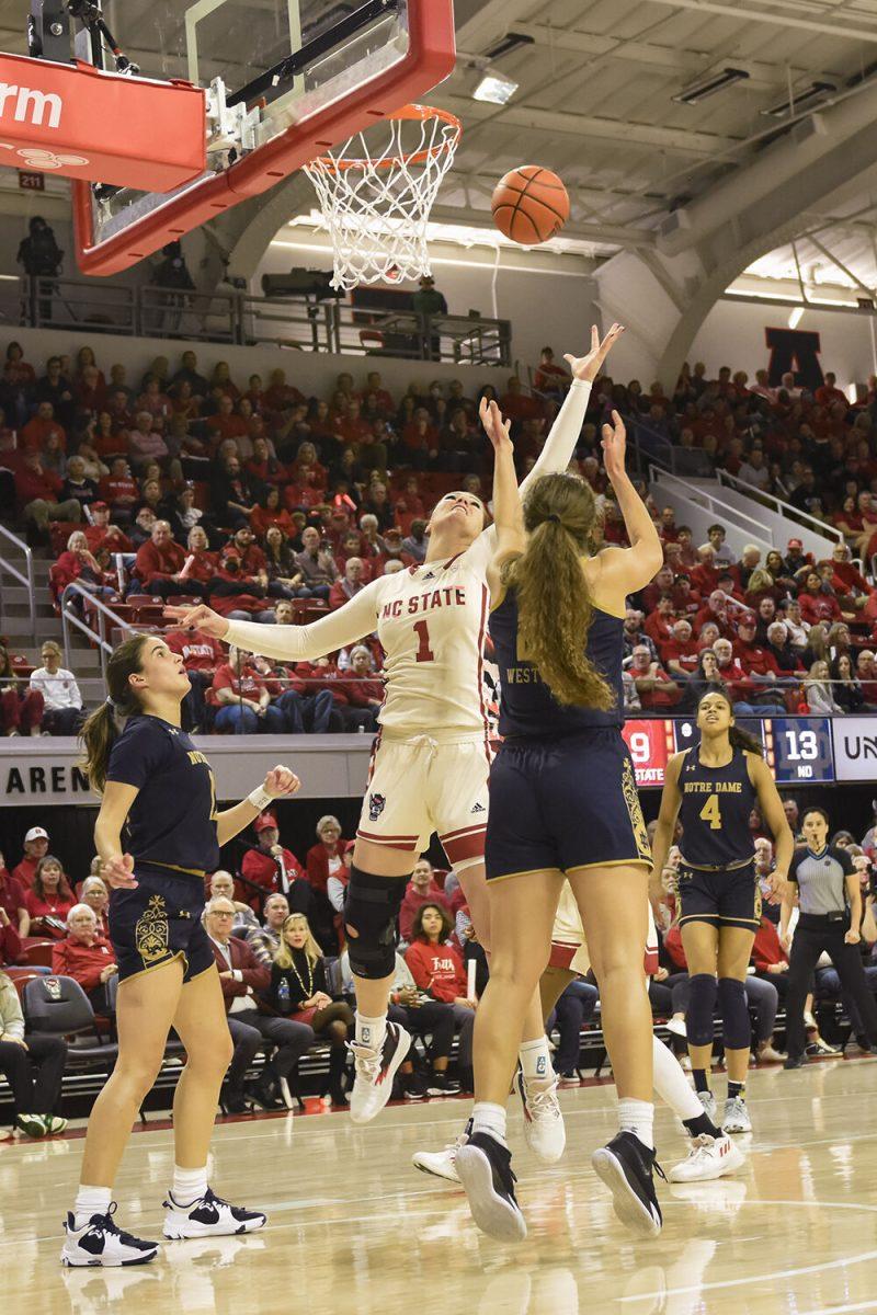 Graduate center River Baldwin shoots the ball during the game versus Notre Dame at Reynolds Coliseum on Sunday, Jan. 29, 2023. Baldwin made one field goal. The Wolfpack beat the Fighting Irish 65-69.