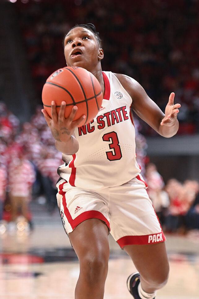 Junior guard Diamond Johnson readies for a layup versus Miami in Reynolds Coliseum on Thursday, Jan. 19, 2023. Johnson scored seven points in the game against Miami. NC State won 71-61.