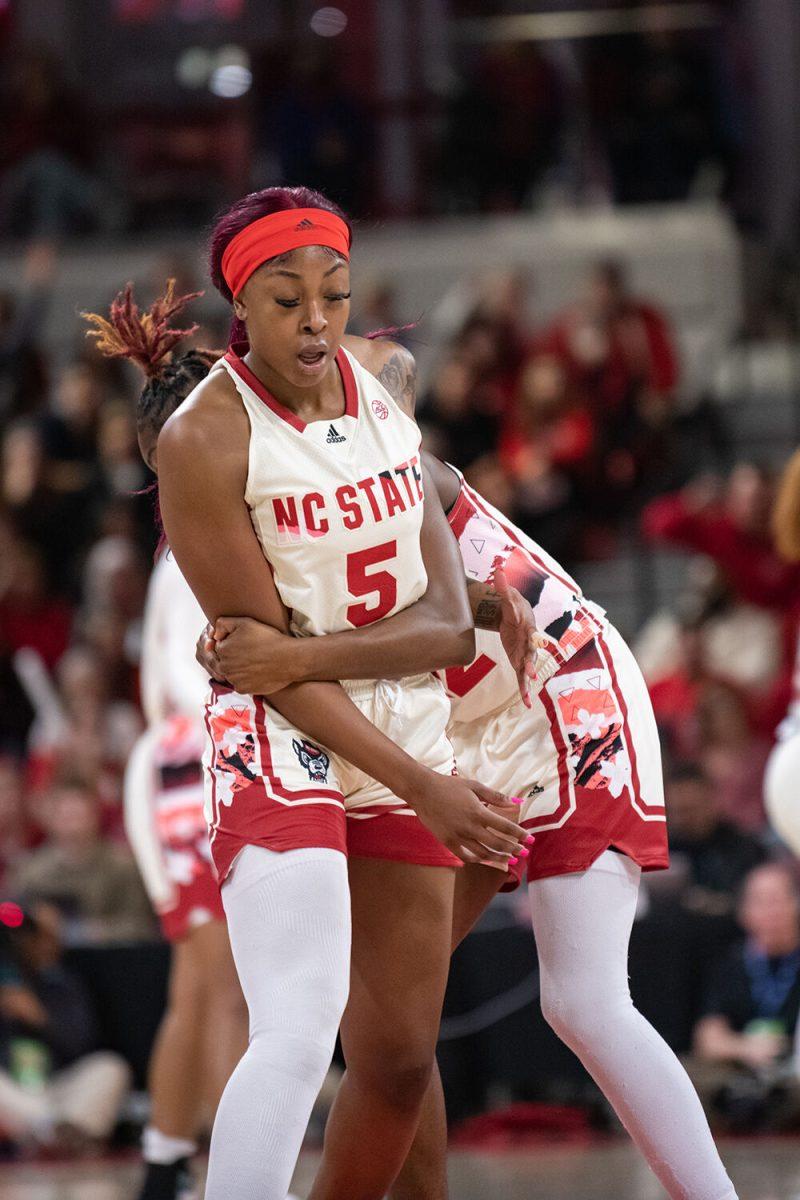 Sophomore guard Saniya Rivers embraces senior forward Jada Boyd during the game versus Notre Dame at Reynolds Coliseum on Sunday, Jan. 29, 2023. Rivers and Boyd both scored three field goals. The Wolfpack beat the Fighting Irish65-69.