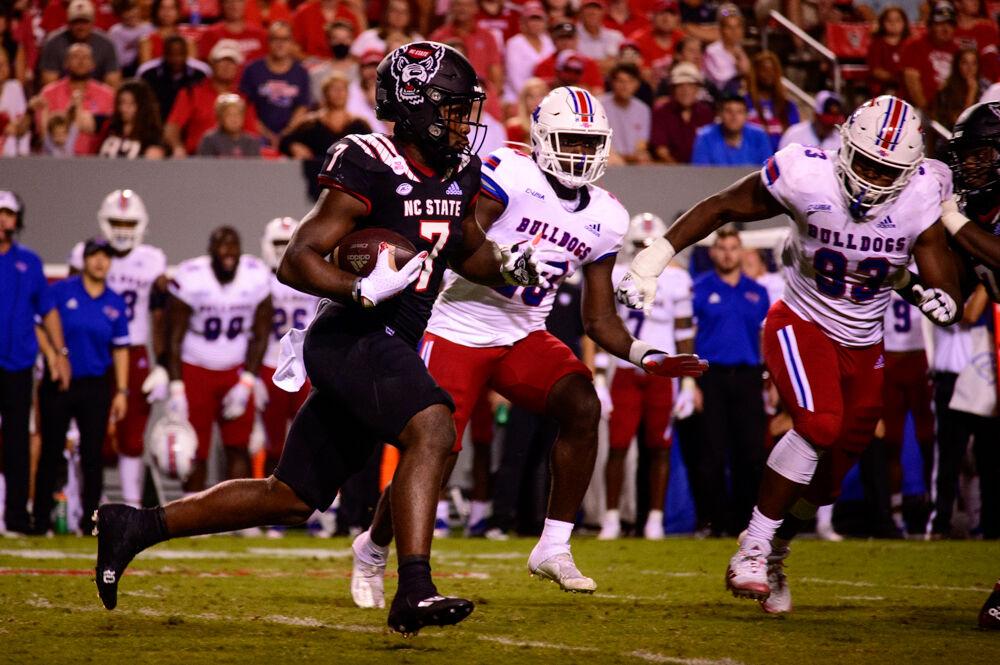Sophomore running back Zonovan Knight rushes against Louisiana Tech on Saturday, Oct. 2, 2021 at Carter-Finley Stadium. Knight had 13 carries for 85 yards and a touchdown as the Wolfpack won 34-27.