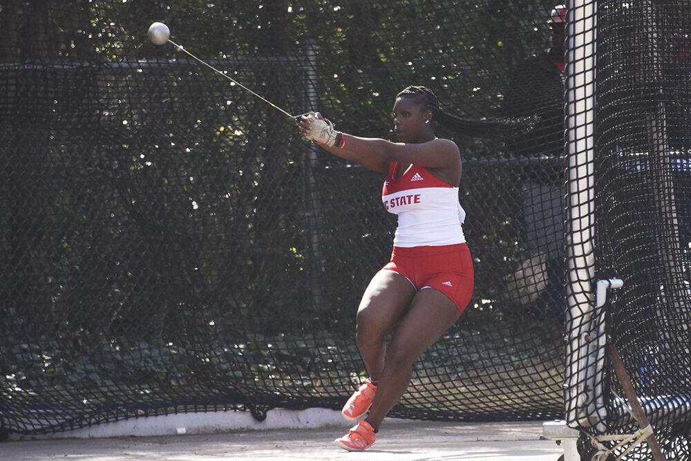 Sophomore Mahkayla Hart spins before throwing at the hammer event at the Raleigh Relays meet at Paul Derr Track Facility on Saturday, March 26, 2022.