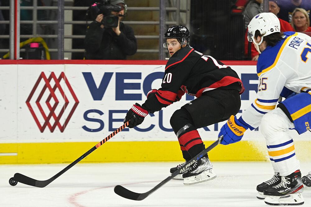 Carolina Hurricanes center Sebastian Aho dribbles the puck during the game against the Buffalo Sabres on Friday, Nov. 4, 2022 in PNC Arena. The Hurricanes beat the Sabres 5-3.