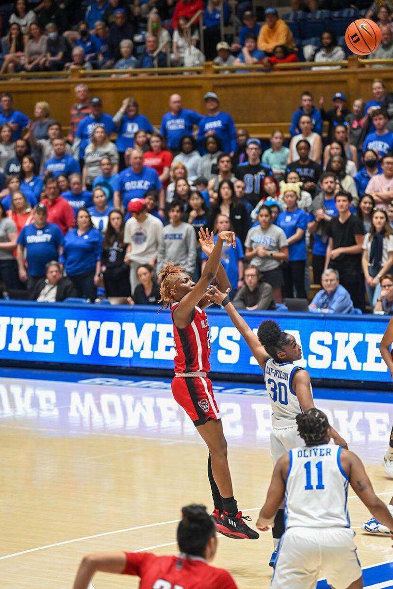 Sophomore guard Saniya Rivers shoots the ball during the game against Duke at Cameron Indoor Stadium on Thursday. Feb. 23, 2023. Rivers had 11 points in the loss to Duke.&#160;NC State lost&#160;77-62.