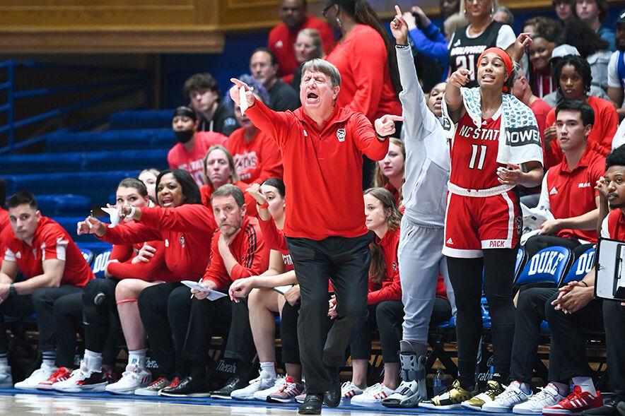 Head coach Wes Moore communicates with his players during the game against Duke at Cameron Indoor Stadium on Thursday. Feb. 23, 2023. NC State lost&#160;77-62.