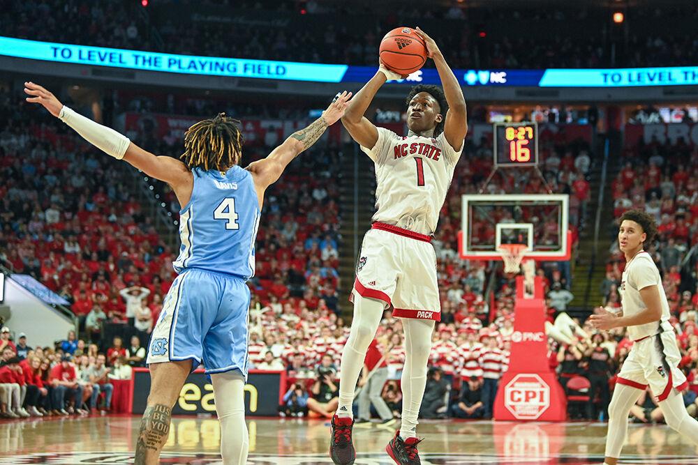 Graduate guard Jarkel Joiner shoots the ball during the game against UNC-Chapel Hill in PNC Arena on Sunday, Feb. 19, 2023. Joiner had 29 points for NC State. The Wolfpack beat the Tar Heels 77-69.