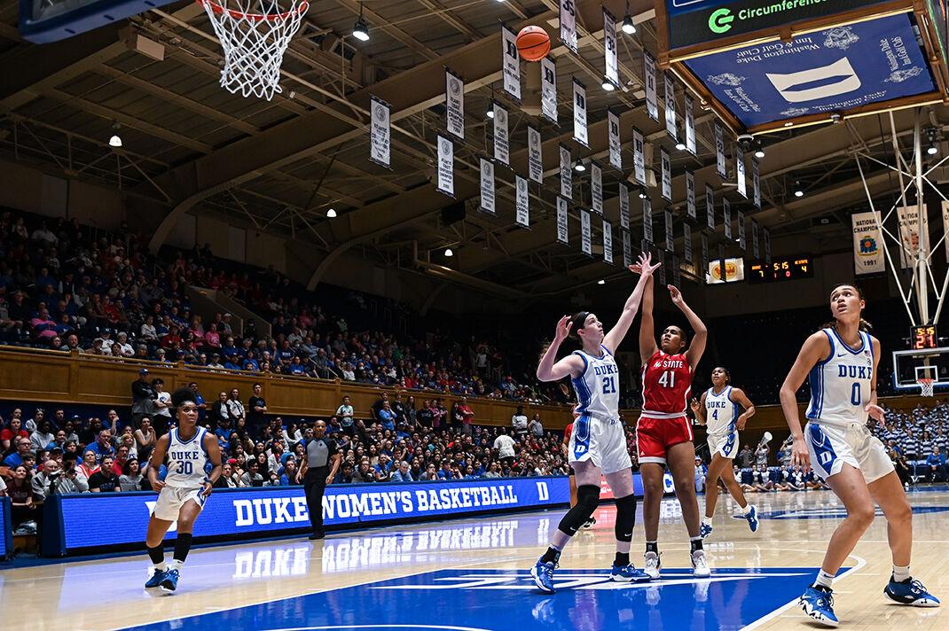Senior center Camille Hobby makes a shot on the hoop during the game versus Duke at Cameron Indoor Stadium on Feb. 23, 2023. Hobby made three field-goals. NC State lost to Duke 77-62