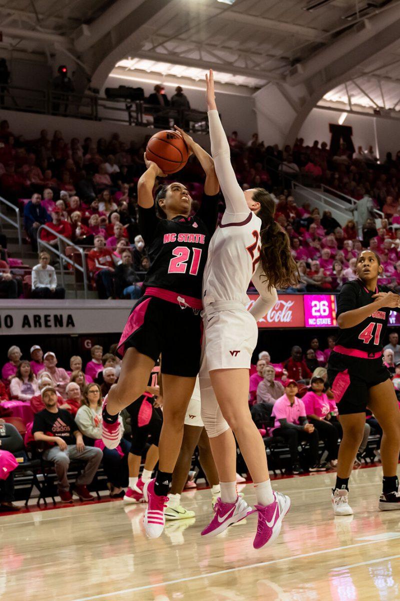 Junior Guard Madison Hayes shoots during the game versus Virginia Teach in Reynolds Coliseum on Monday, February 6, 2023. Hayes made two field goals and two free throws. NC State lost to Virginia Tech 73-61.