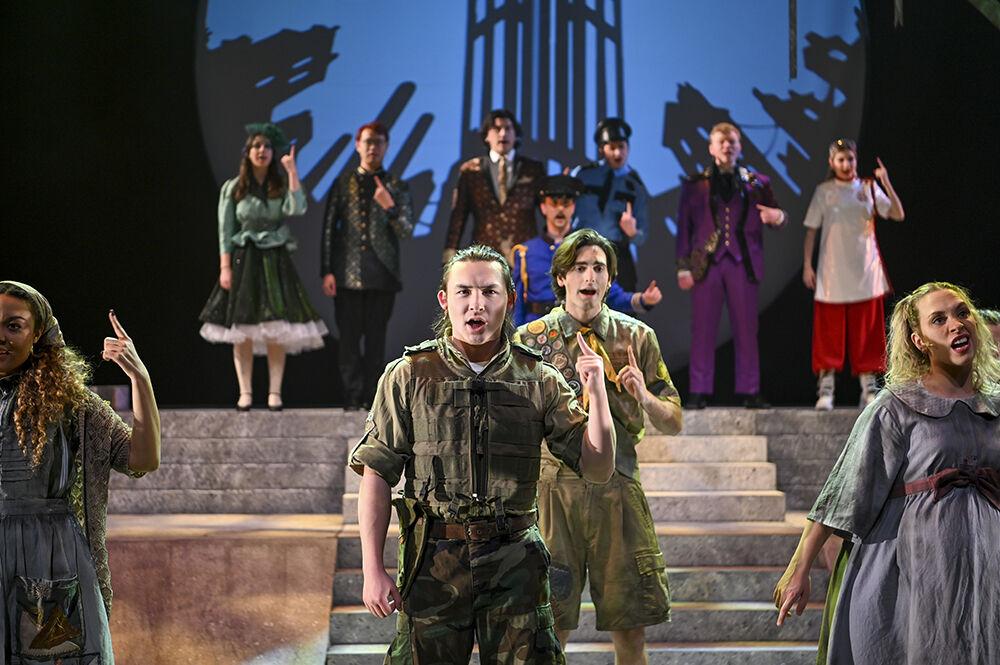 The ensemble sings "Urinetown" during the Urinetown musical in Stewart Theatre on Tuesday, Feb. 21, 2023. The musical was about citizens fighting against a company that regulated toilet usage during a 20-year drought.