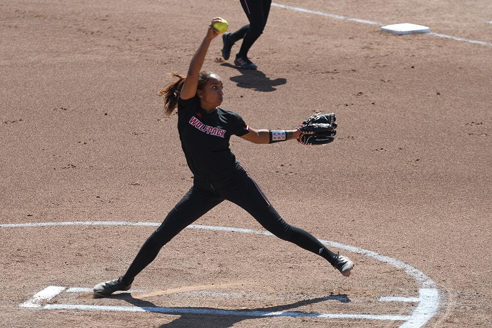 Redshirt sophomore pitcher Aisha Weixlmann throws the ball in the second game against Norfolk State on Wednesday, April 27, 2022 in Dail Softball Stadium. Weixlmann threw seven strikeouts in the duration of the game. NC State beat Norfolk State 7-1.