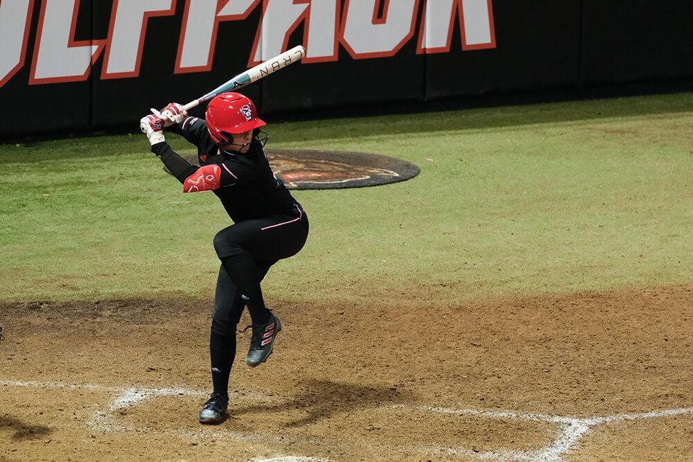 Junior infielder Kaylee Lambrecht prepares to swing her bat during the game against the Iowa Hawkeyes at Dail Softball Stadium on Friday, Feb. 17, 2023. The Hawkeyes beat the Wolfpack 11-2.