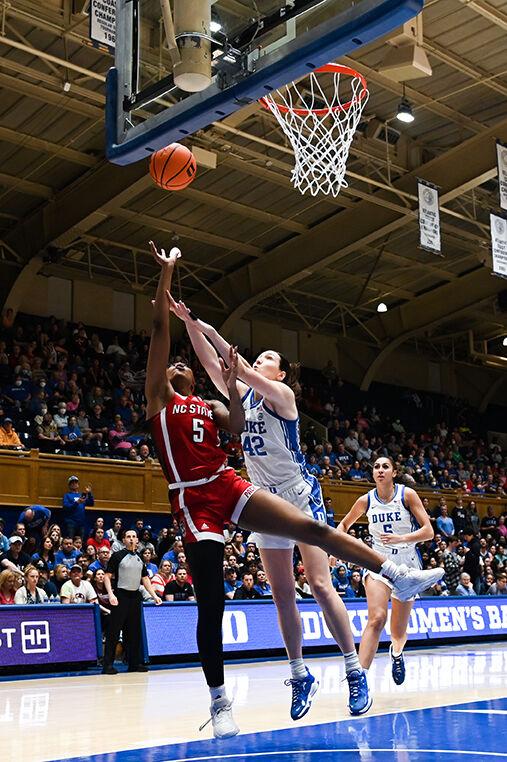 Senior forward Jada Boyd makes a shot during the game versus Duke at Cameron Indoor Stadium on Feb. 23, 2023. Boyd made five field-goals and nine free-throws. NC State lost to Duke 77-62.