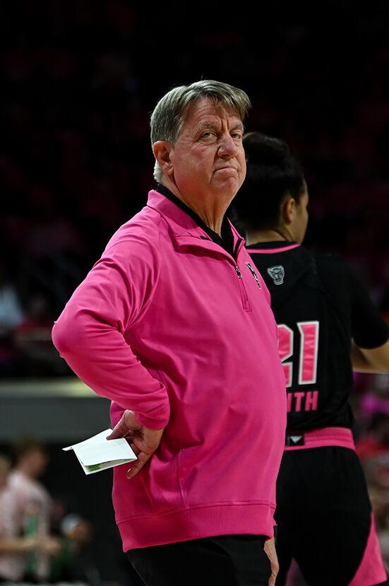 Head coach Wes Moore after a timeout during the game versus Virginia Teach in Reynolds Coliseum on Monday, February 6, 2023. NC State lost to Virginia Tech 73-61.